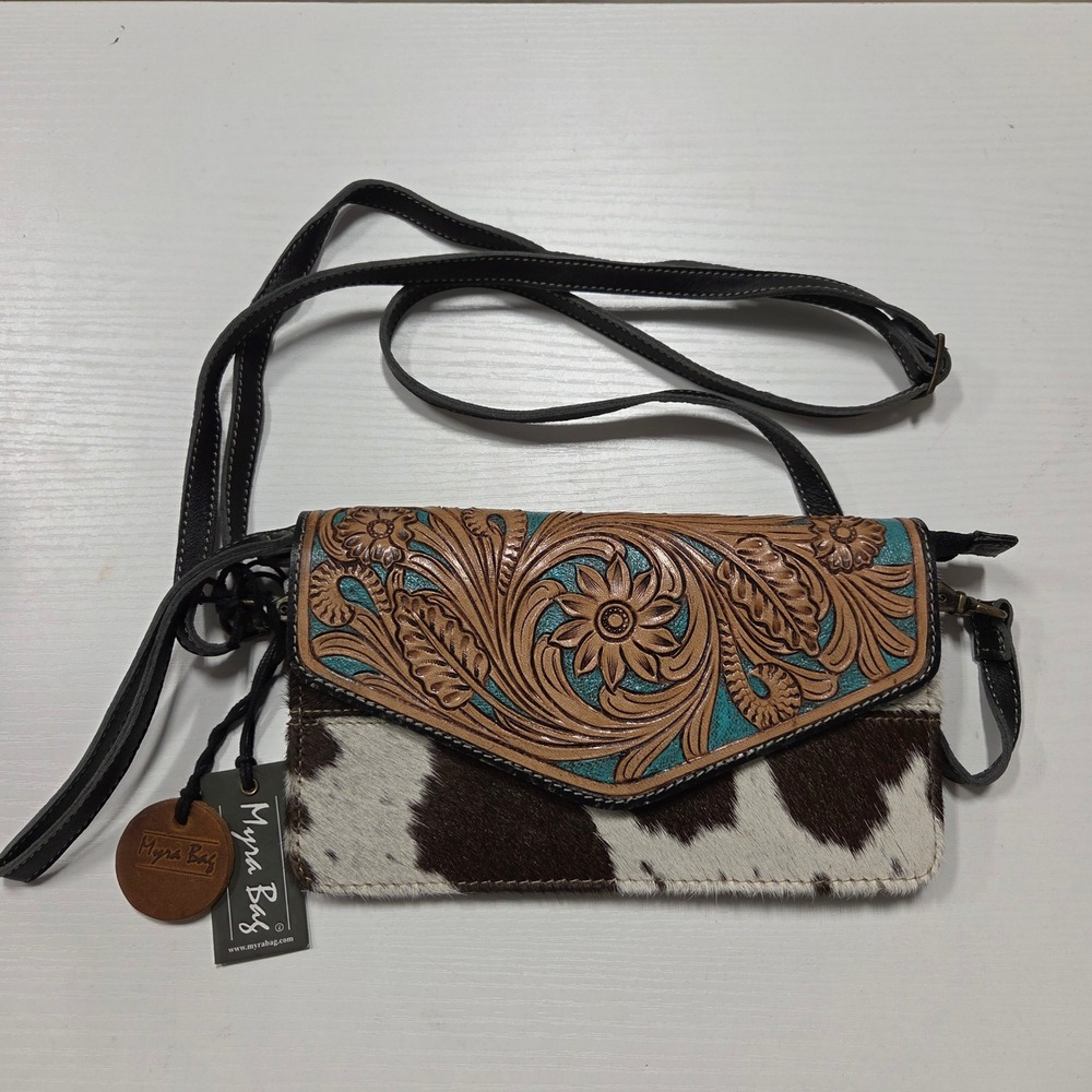 Myra Bag Tooled Leather Cowhide Crossbody Wallet Purse Brown White Turquoise NEW